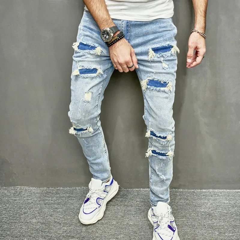 Skinny Denim Pants Men Jeans Holes Vintage Wash Pencil Pants 2025 Pockets Solid Casual Slim Fit Punk Style Spliced Distressed - Image 2