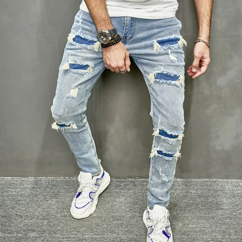 Skinny Denim Pants Men Jeans Holes Vintage Wash Pencil Pants 2025 Pockets Solid Casual Slim Fit Punk Style Spliced Distressed - Image 3
