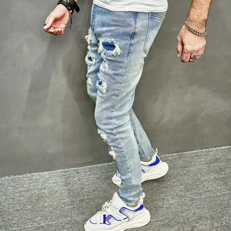 Skinny Denim Pants Men Jeans Holes Vintage Wash Pencil Pants 2025 Pockets Solid Casual Slim Fit Punk Style Spliced Distressed - Image 4