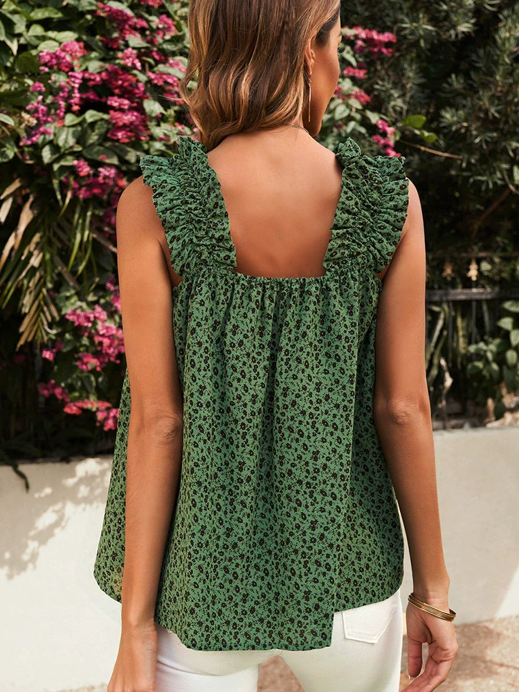 Sleeveless Versatile Ruffled Shoulder Strap Floral Vest - Image 2