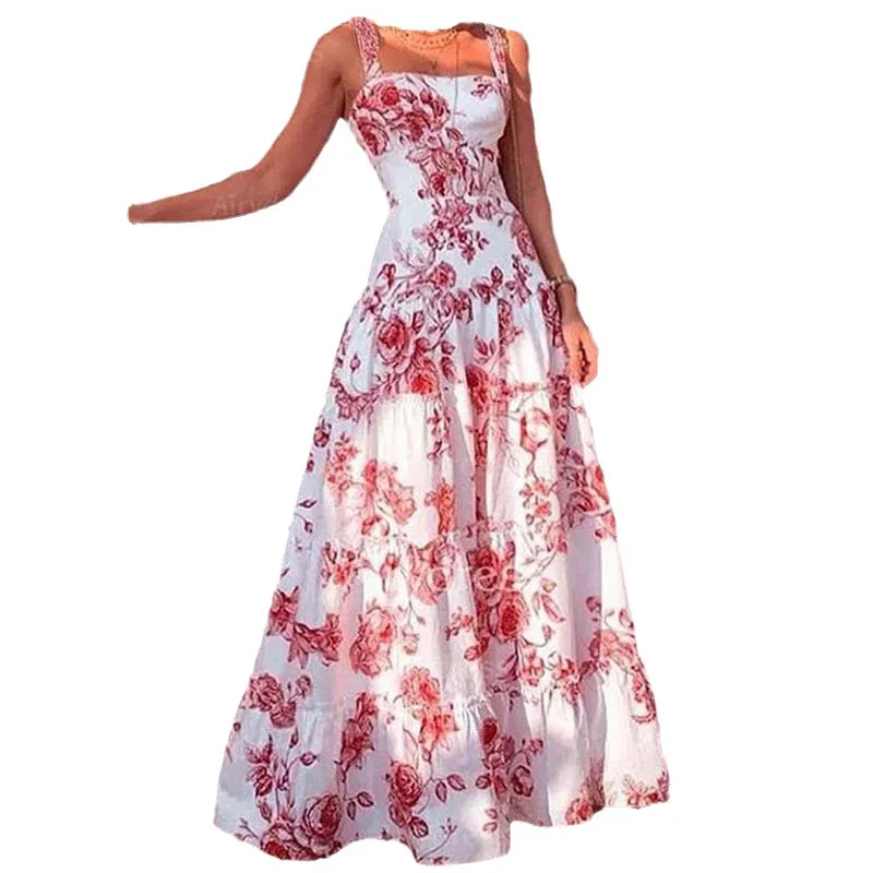 Slim-fit Camisole Maxi Dresses for Women Summer Sexy Long Dress Women Fashion Floral Printed Square Collar Without Sleeves Dress - Image 2