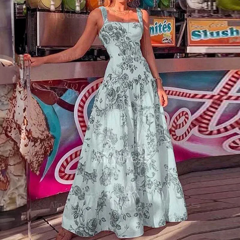 Slim-fit Camisole Maxi Dresses for Women Summer Sexy Long Dress Women Fashion Floral Printed Square Collar Without Sleeves Dress - Image 4