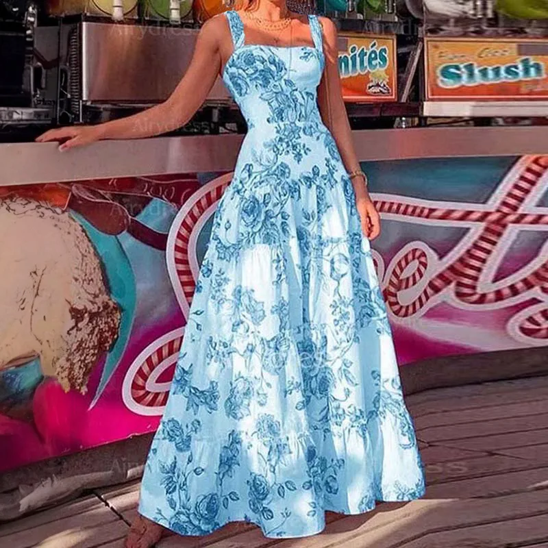 Slim-fit Camisole Maxi Dresses for Women Summer Sexy Long Dress Women Fashion Floral Printed Square Collar Without Sleeves Dress - Image 5