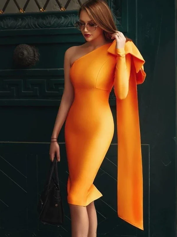 Slim-Fit Orange New One-Shoulder Long Sleeve Stretch Bandage Dress Thin Elegant Bandage Dress Evening Gown Elegant Socialite - Image 2