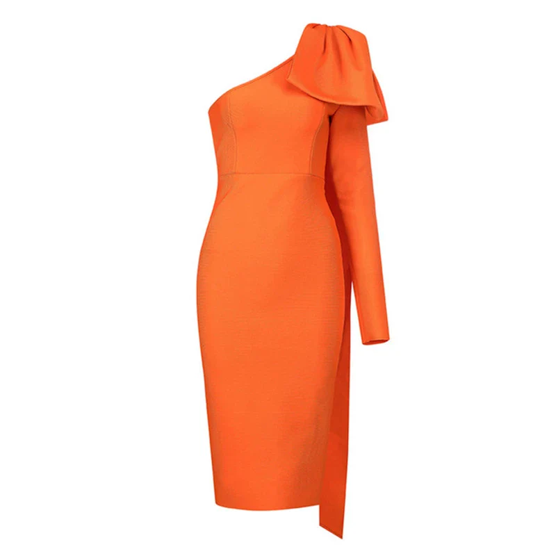 Slim-Fit Orange New One-Shoulder Long Sleeve Stretch Bandage Dress Thin Elegant Bandage Dress Evening Gown Elegant Socialite - Image 6