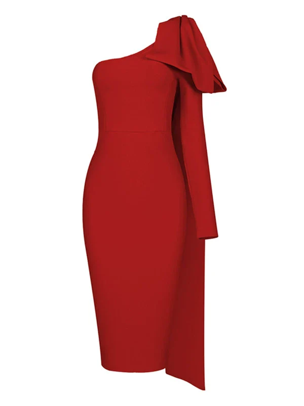 Slim-Fit Orange New One-Shoulder Long Sleeve Stretch Bandage Dress Thin Elegant Bandage Dress Evening Gown Elegant Socialite - Image 7