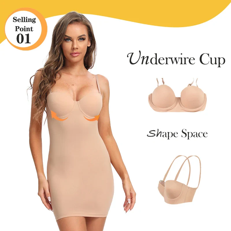 Slimming Full Length Shapewear Slips Nude Straight Tube Dress Body Shaper Women Skinny Under Dresses Underwire Cup Black - Image 2