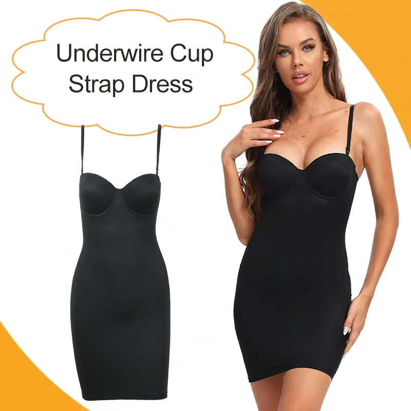 Slimming Full Length Shapewear Slips Nude Straight Tube Dress Body Shaper Women Skinny Under Dresses Underwire Cup Black - Image 4