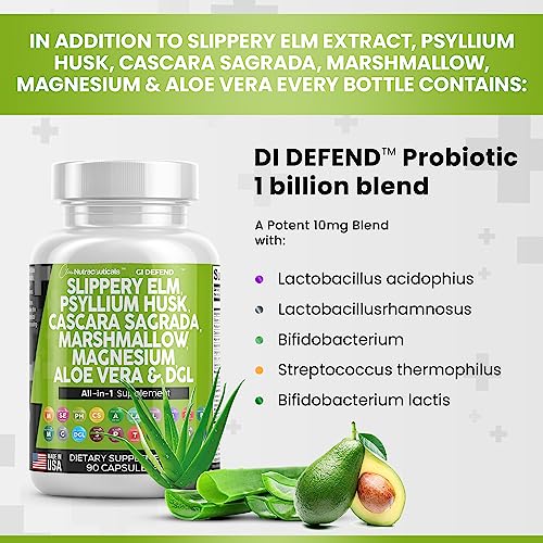 Slippery Elm 5000mg Psyllium Husk 2000mg Pre Probiotic Digestive Gut Health Supplement with Aloe Vera Cascara Sagrada 2000mg Marshmallow Root DGL Licorice Senna Extract Magnesium - Made in USA 90 Ct - Image 5