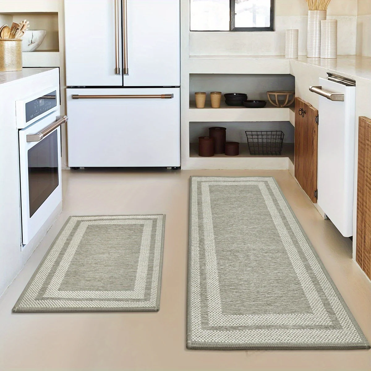Sm:)e Rubber Non-Slip Washable Absorbent Kitchen Rugs and Mats Set of 2, Kitchen Mats for Floor Kitchen Runner Hallway Laundry Room in Front of Sink Beige Grey - 17x29 and 17x47 Inch - Image 4