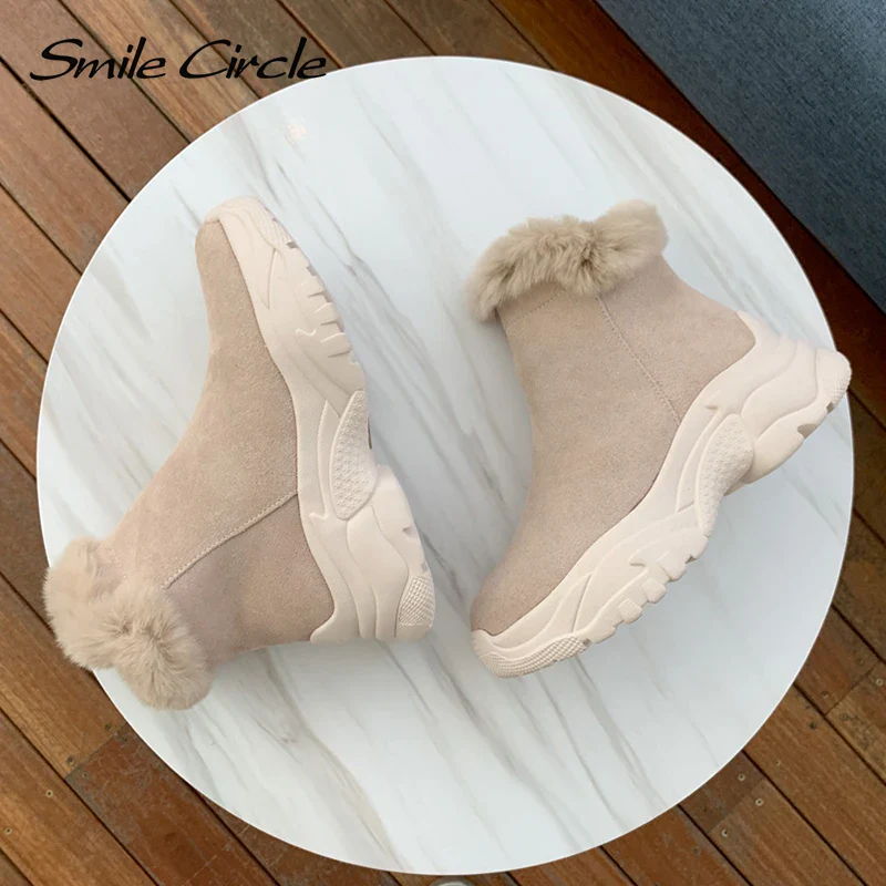 Smile Circle Suede leather Ankle Boots Women Flat platform shoes winter plush Keep warm Thick bottom Short Boots Ladies snow boo - Image 13