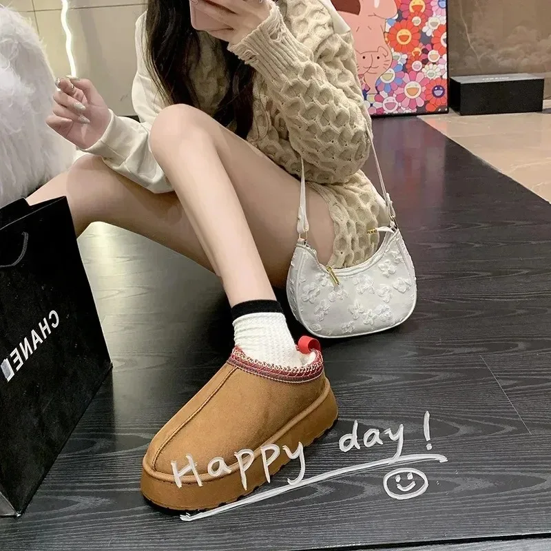 Snow Boots for Women 2024 Winter New Cashmere Warm Thick Soles Without Heel-covered Hair Half Slipper Cotton Shoes for Women - Image 3