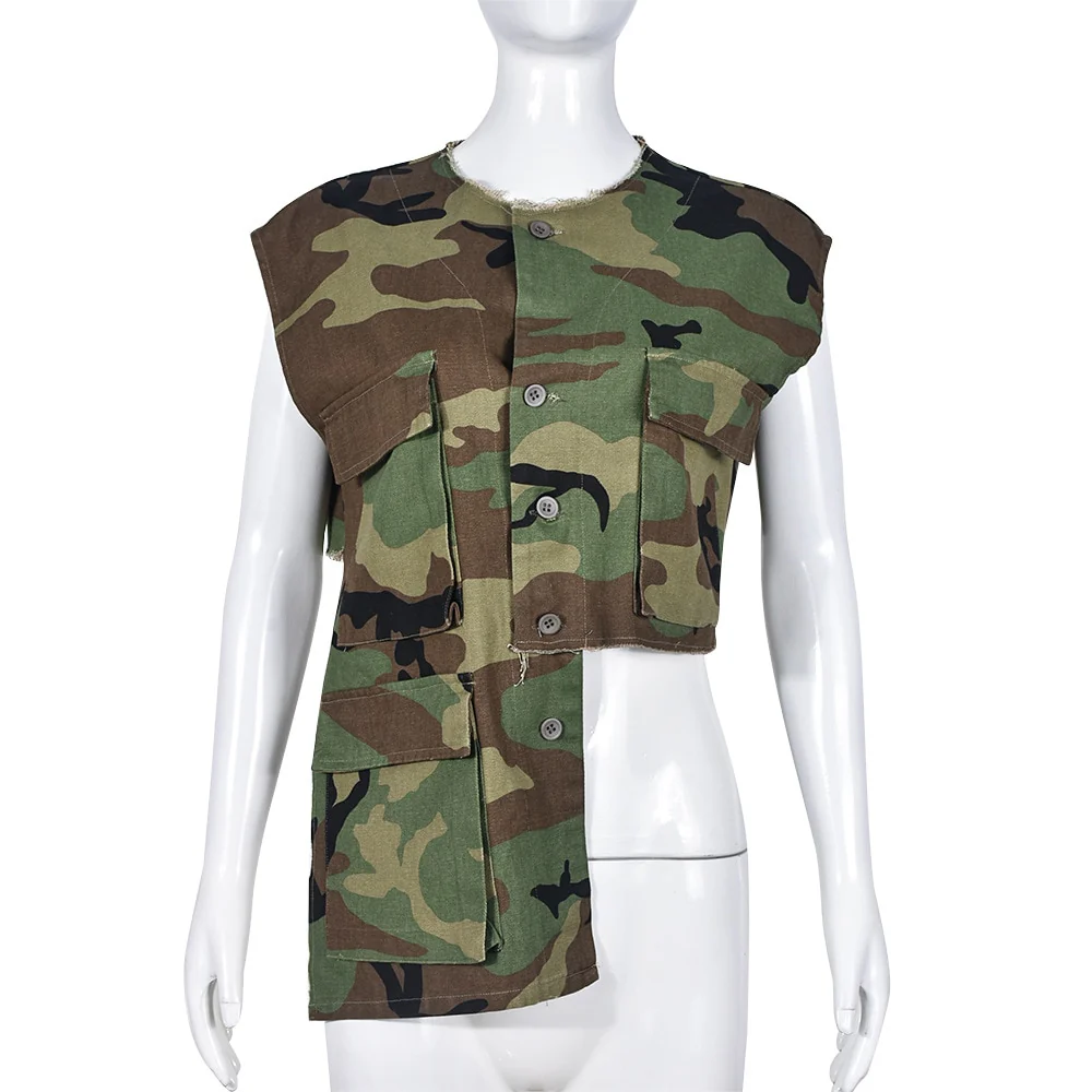Soefdioo Fashion Multi Pocket Camo Cargo Vest Women Sexy Asymmetrical Sleeveless Single Breasted Jacket Crop Tops Streetwear - Image 2