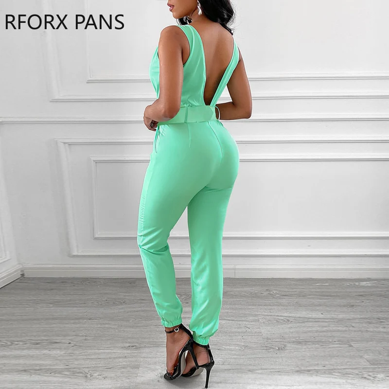 Soild Plain Sleeveless Pocket Design Backless Jumpsuit with Belt Casual Look for Women 2021 - Image 3