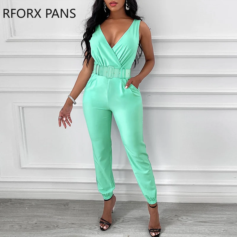 Soild Plain Sleeveless Pocket Design Backless Jumpsuit with Belt Casual Look for Women 2021 - Image 5