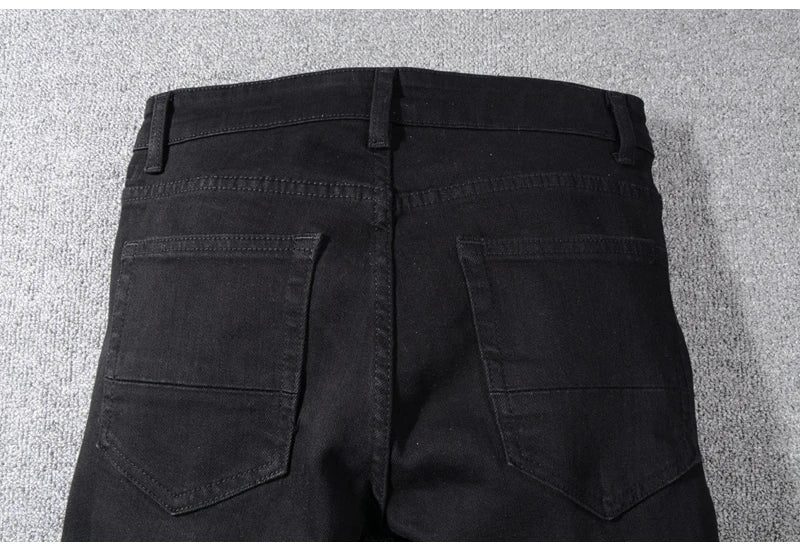 Sokotoo Men's black patchwork stretch denim biker jeans for motorcycle Slim fit skinny ripped pencil pants - Image 15