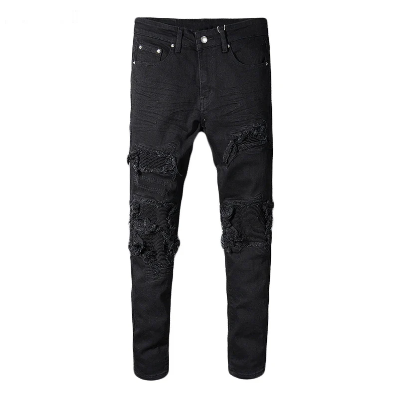 Sokotoo Men's black patchwork stretch denim biker jeans for motorcycle Slim fit skinny ripped pencil pants - Image 18