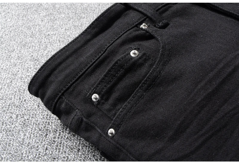 Sokotoo Men's black patchwork stretch denim biker jeans for motorcycle Slim fit skinny ripped pencil pants - Image 14
