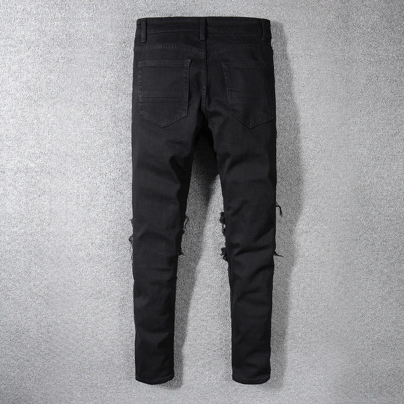 Sokotoo Men's black patchwork stretch denim biker jeans for motorcycle Slim fit skinny ripped pencil pants - Image 2
