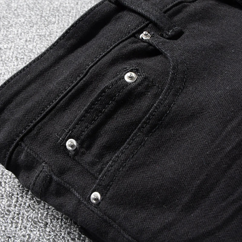 Sokotoo Men's black patchwork stretch denim biker jeans for motorcycle Slim fit skinny ripped pencil pants - Image 3