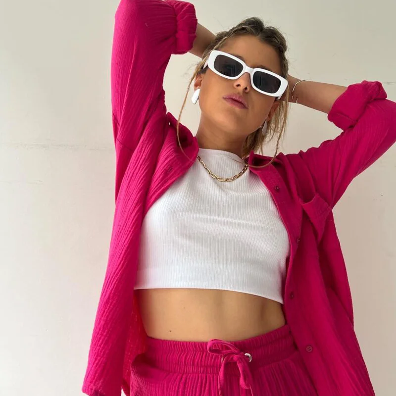 Solid Pleated Two Piece Set For Women 2023 Summer Women's Two Piece Casual Long Sleeve Short Sets Fashion Button Outfits Suit - Image 2