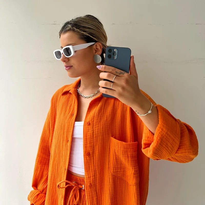 Solid Pleated Two Piece Set For Women 2023 Summer Women's Two Piece Casual Long Sleeve Short Sets Fashion Button Outfits Suit - Image 3