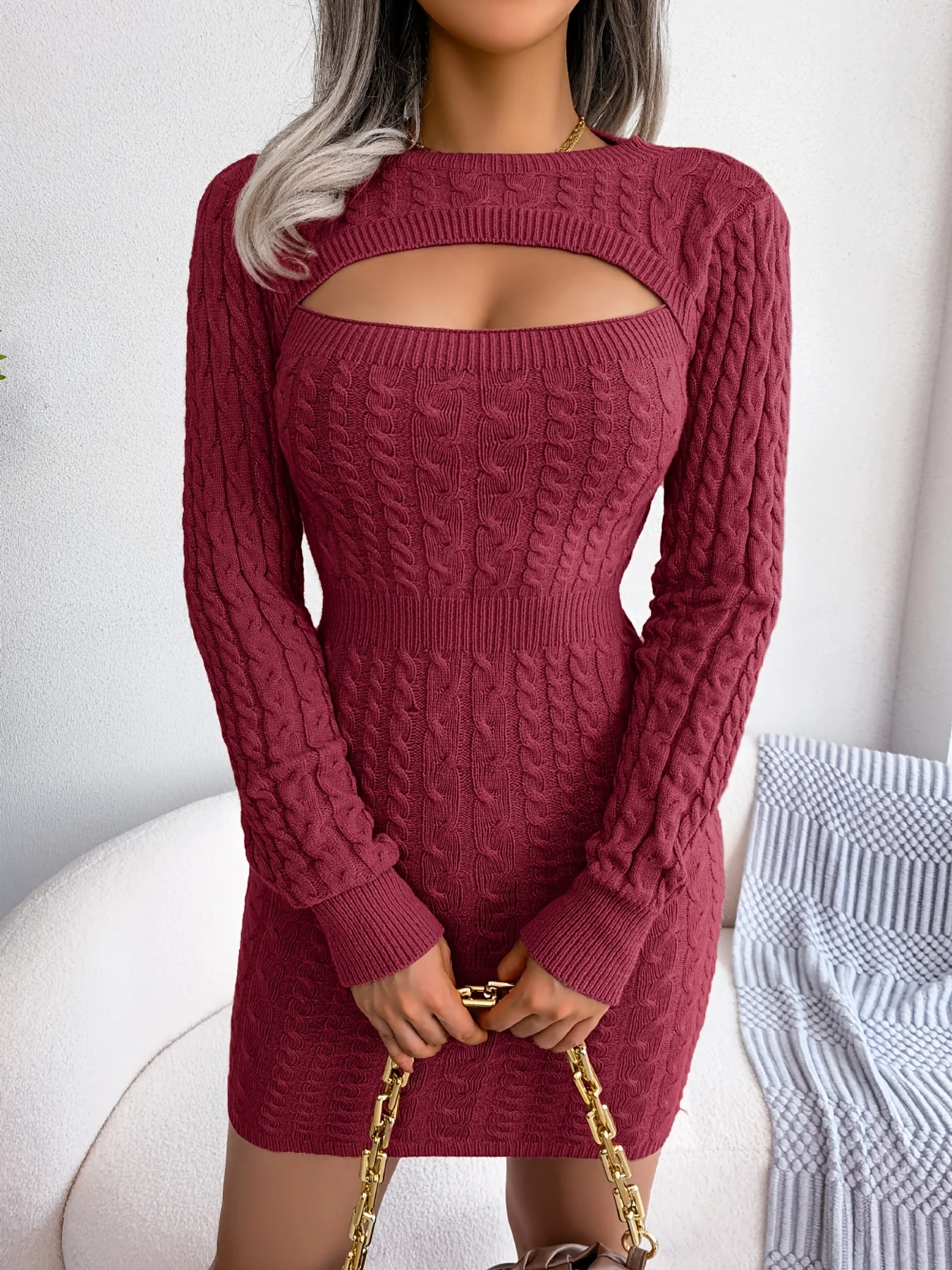 Solid Ribbed Knit Keyhole Dress, Elegant Crew Neck Long Sleeve Bodycon Dress - Stretchy & Comfortable Fabric - For Women - Perfect for Parties & Night Out - Ideal Gift for Her - Image 7
