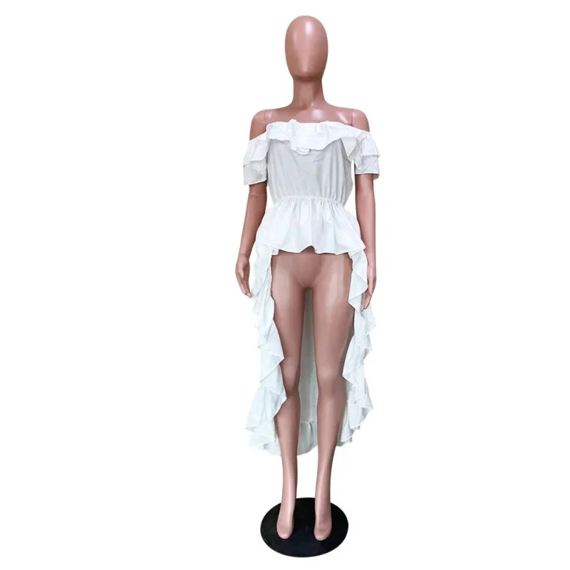 Solid Ruffles Hi-lo Extra Long Shirts Top Women Slash Neck Off Shoulder Elastic Waist Casual Summer Blouses Club Party Outfits - Image 9