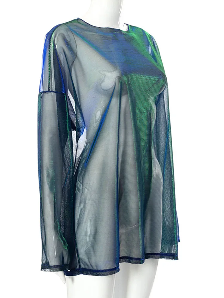 Solid See Through Tshirt Women Sexy Tops O-Neck Long Sleeve T Shirt For Women Clothing Club Y2k Aesthetic Egirl Tees - Image 5