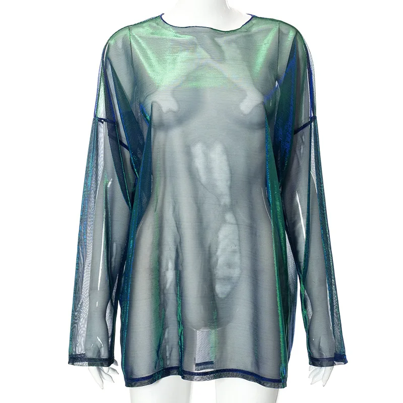 Solid See Through Tshirt Women Sexy Tops O-Neck Long Sleeve T Shirt For Women Clothing Club Y2k Aesthetic Egirl Tees - Image 12