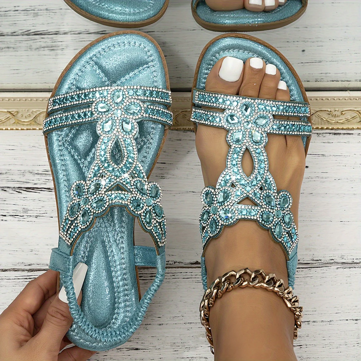 Sparkling Boho Chic Womens Flat Sandals - Elastic Ankle Strap, Slip-On, Perfect for Casual Summer Outings & Music Festivals - Image 17