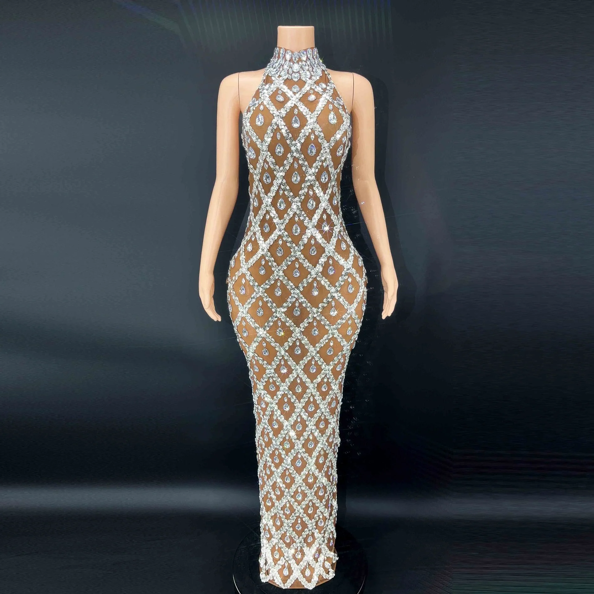 Sparkling Silver Transparent Feather Long Dress Celebrating Luxury Costume Dancer Flash Dress Party Birthday Photography Dress - Image 2
