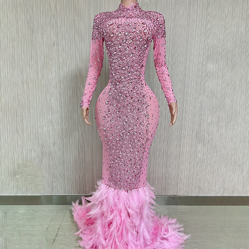 Sparkling Silver Transparent Feather Long Dress Celebrating Luxury Costume Dancer Flash Dress Party Birthday Photography Dress - Image 5