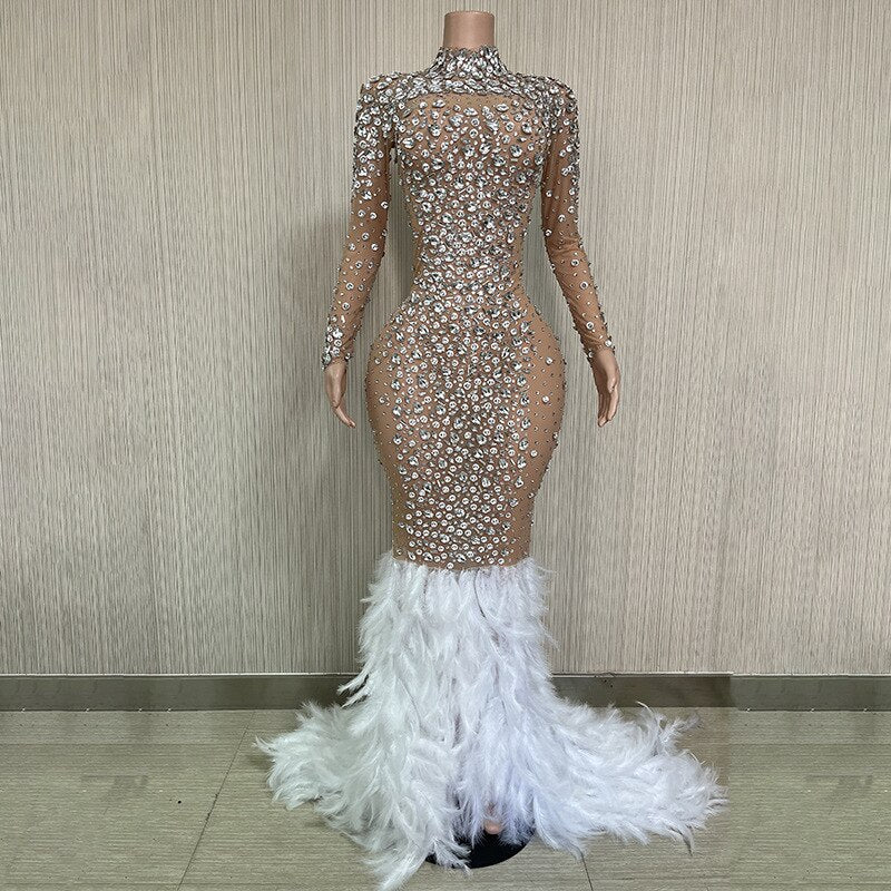 Sparkling Silver Transparent Feather Long Dress Celebrating Luxury Costume Dancer Flash Dress Party Birthday Photography Dress - Image 9