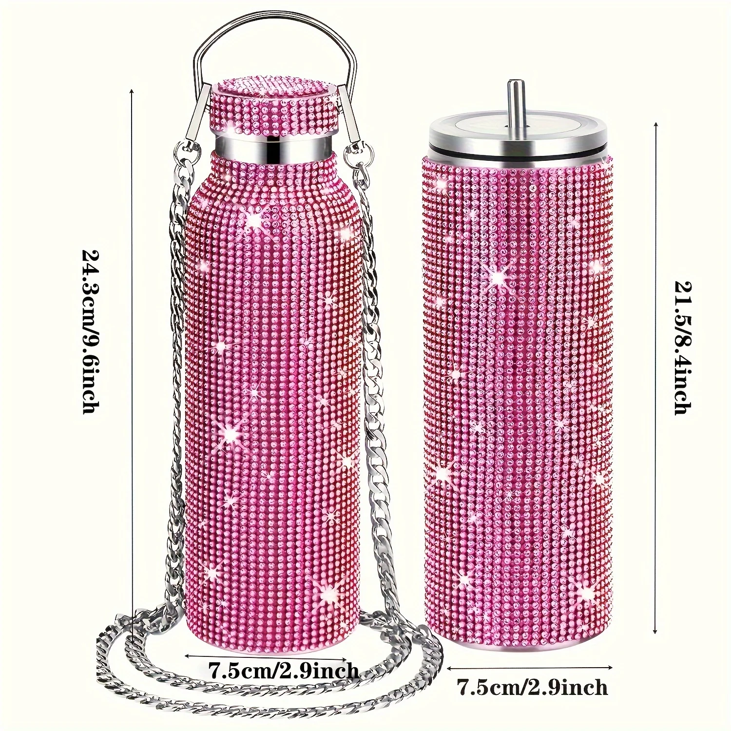 [Sparkling Steel Bottle] 2pcs Sparkling Pink 20oz Stainless Steel Insulated Water Bottles - Double-Walled, BPA-Free with Chain Strap & Lid, Ideal for Christmas, Valentine's, Thanksgiving, Mother's Day, Graduation Gifts, Holid - Image 5
