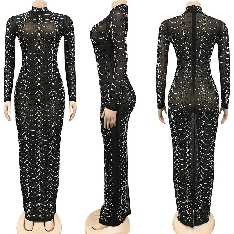 Sparkly Crystal Rhinestone Bodycon Maxi Dress Women Wedding Evening Long Sleeve Mesh See Through Night Party Club Birthday Dress - Image 3