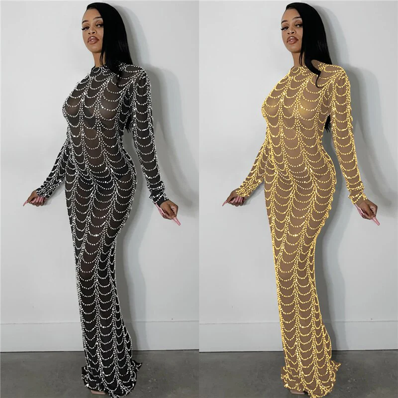 Sparkly Crystal Rhinestone Bodycon Maxi Dress Women Wedding Evening Long Sleeve Mesh See Through Night Party Club Birthday Dress - Image 5