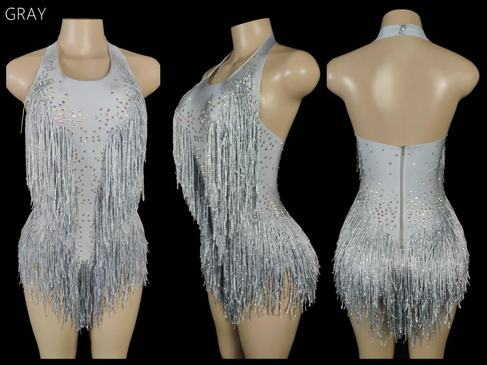 Sparkly Crystals Fringes Bodysuit Sexy Tassel Leotard Jazz Dance Costume One-piece - Image 11
