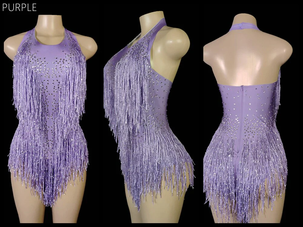 Sparkly Crystals Fringes Bodysuit Sexy Tassel Leotard Jazz Dance Costume One-piece - Image 12