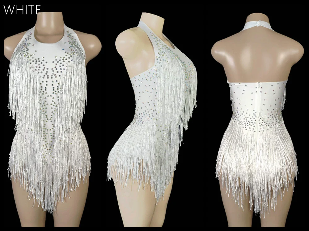 Sparkly Crystals Fringes Bodysuit Sexy Tassel Leotard Jazz Dance Costume One-piece - Image 14