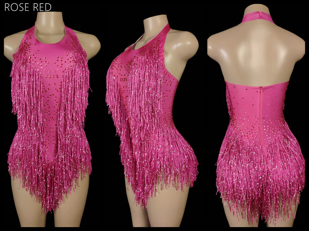 Sparkly Crystals Fringes Bodysuit Sexy Tassel Leotard Jazz Dance Costume One-piece - Image 15