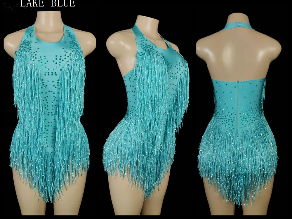 Sparkly Crystals Fringes Bodysuit Sexy Tassel Leotard Jazz Dance Costume One-piece - Image 16