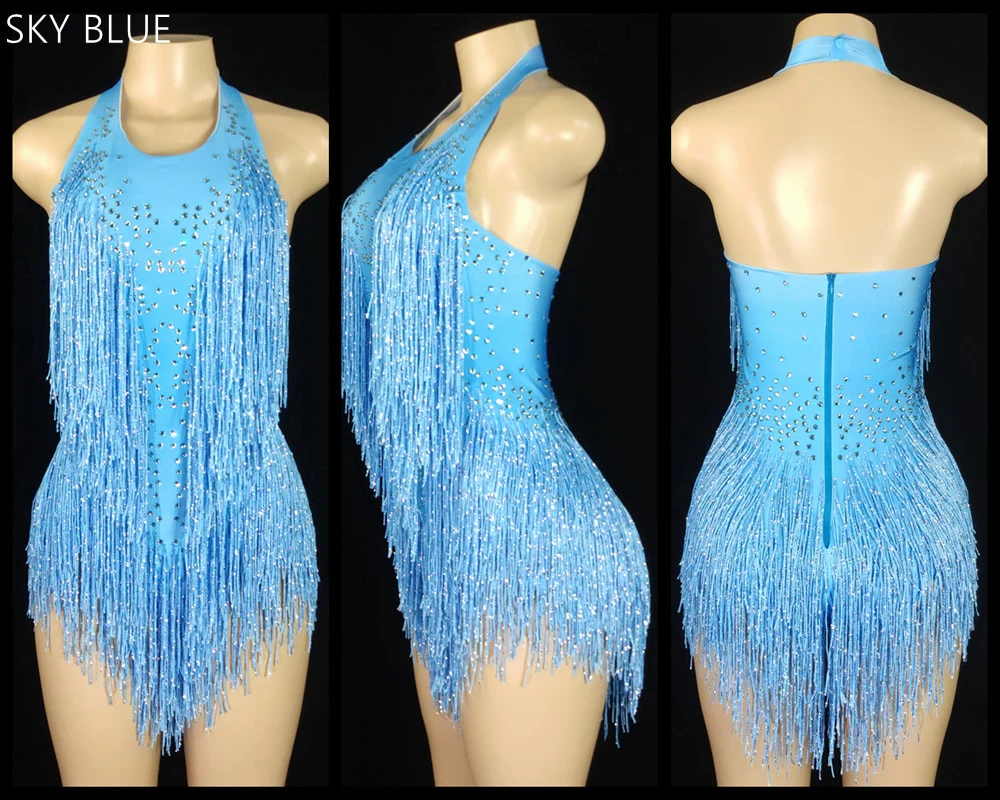 Sparkly Crystals Fringes Bodysuit Sexy Tassel Leotard Jazz Dance Costume One-piece - Image 17