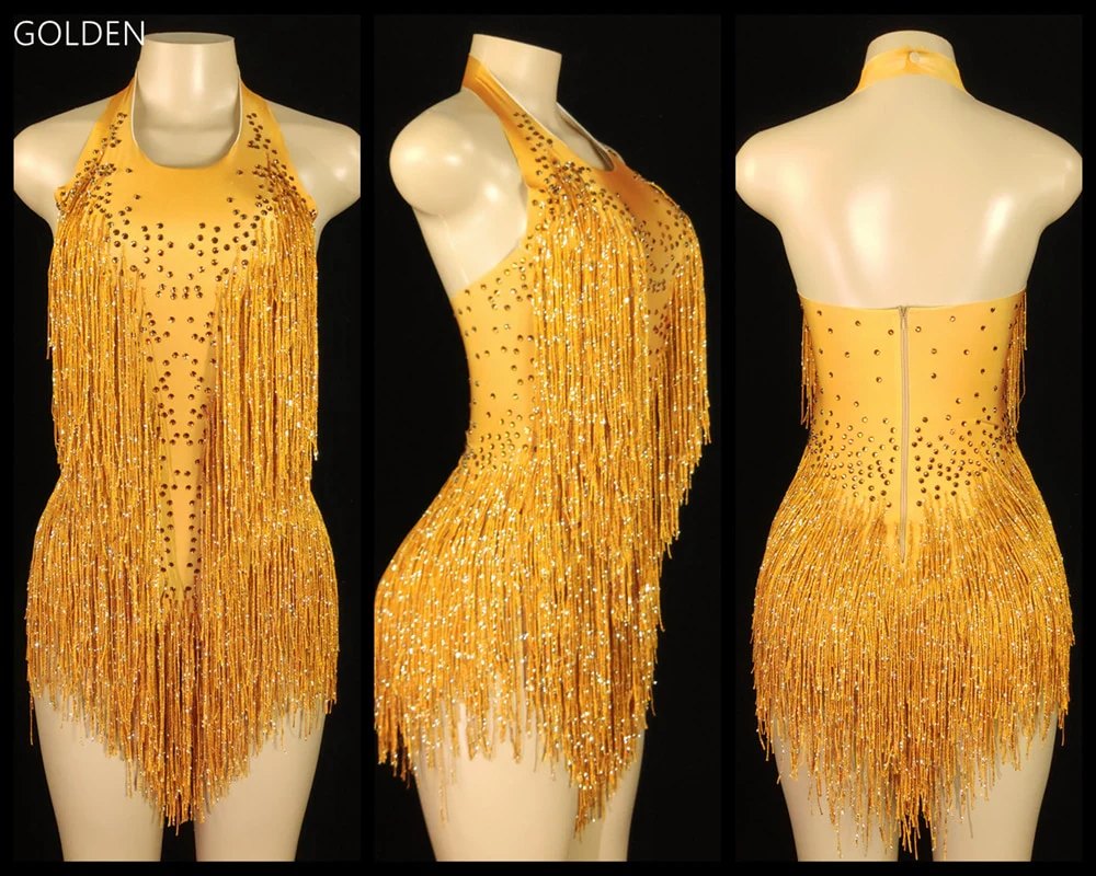 Sparkly Crystals Fringes Bodysuit Sexy Tassel Leotard Jazz Dance Costume One-piece - Image 18