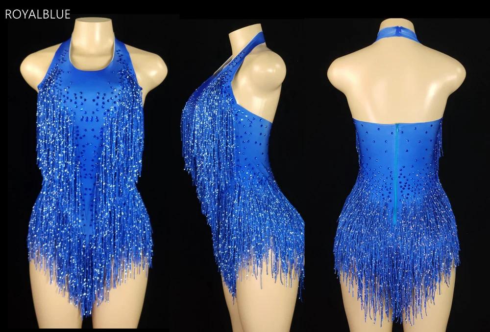 Sparkly Crystals Fringes Bodysuit Sexy Tassel Leotard Jazz Dance Costume One-piece - Image 20