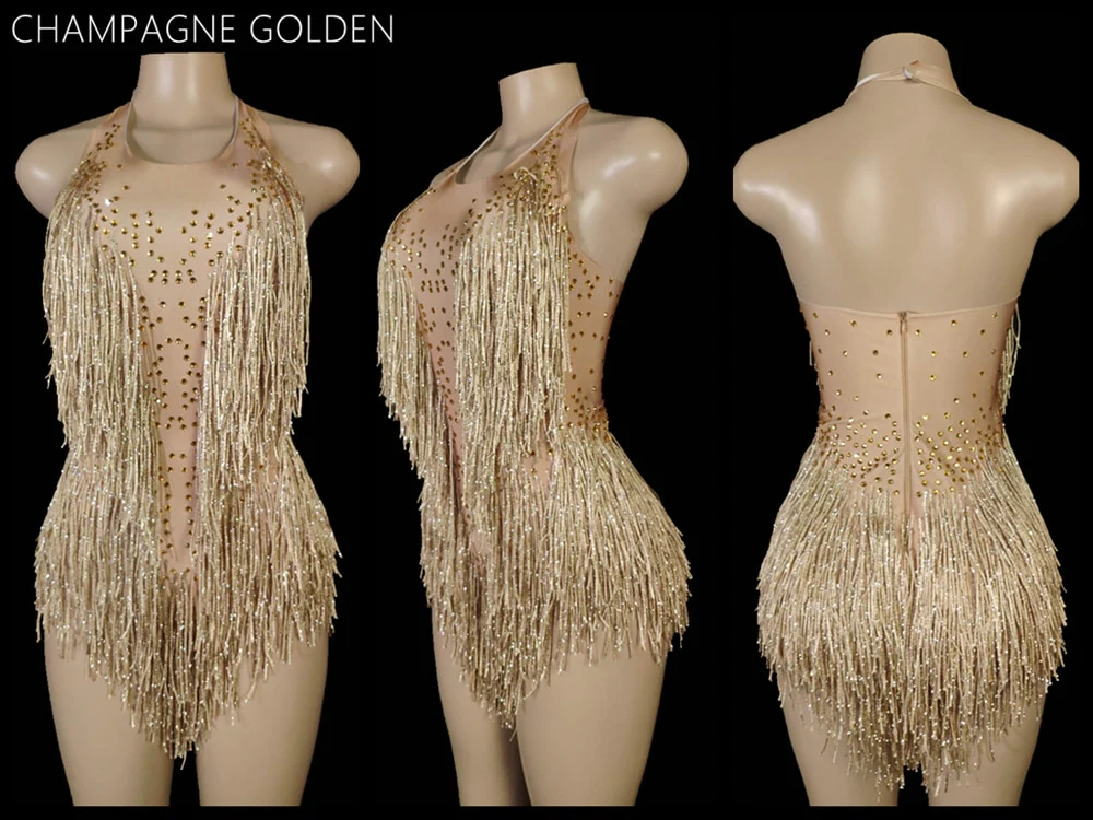 Sparkly Crystals Fringes Bodysuit Sexy Tassel Leotard Jazz Dance Costume One-piece - Image 21