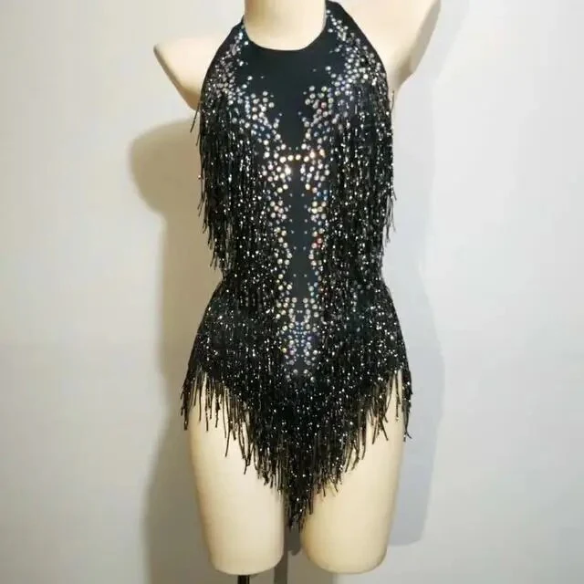 Sparkly Crystals Fringes Bodysuit Sexy Tassel Leotard Jazz Dance Costume One-piece - Image 22