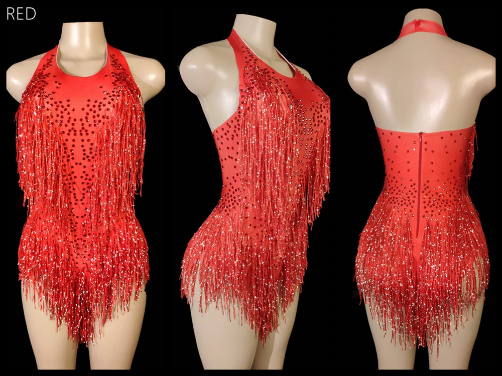 Sparkly Crystals Fringes Bodysuit Sexy Tassel Leotard Jazz Dance Costume One-piece - Image 3
