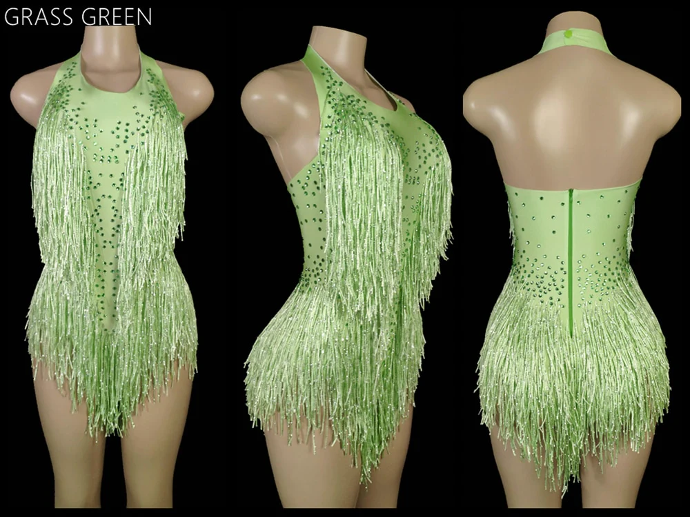 Sparkly Crystals Fringes Bodysuit Sexy Tassel Leotard Jazz Dance Costume One-piece - Image 5
