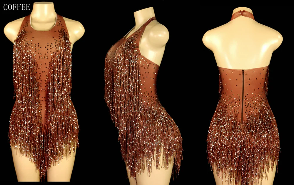Sparkly Crystals Fringes Bodysuit Sexy Tassel Leotard Jazz Dance Costume One-piece - Image 7